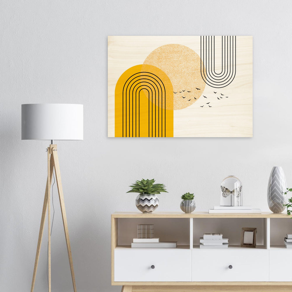 Wandbild auf Holz: Moderne Formen mit Sonne und Vögel im Scherenschnitt