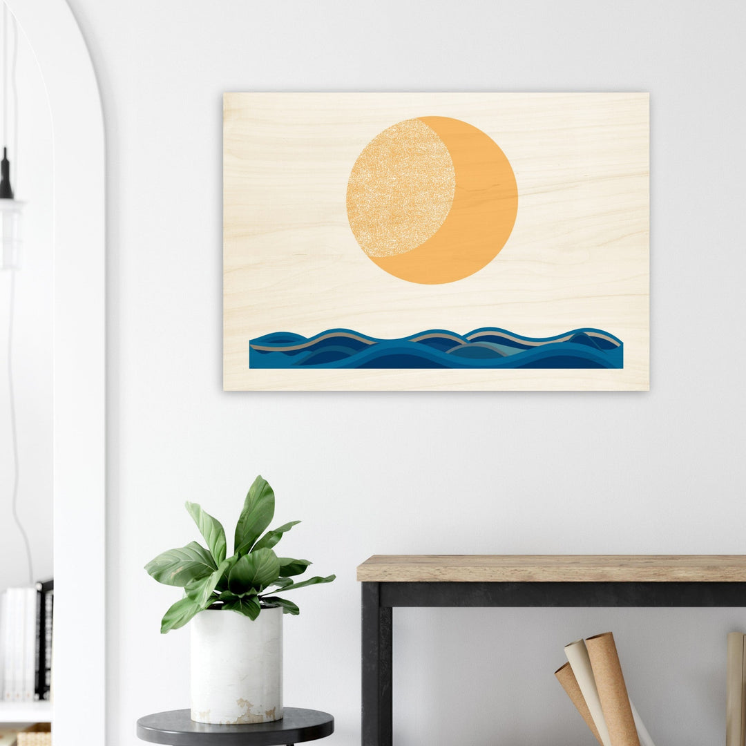 Modernes Wandbild auf Holz: Minimalistische Grafik eines Monds über dem Meer