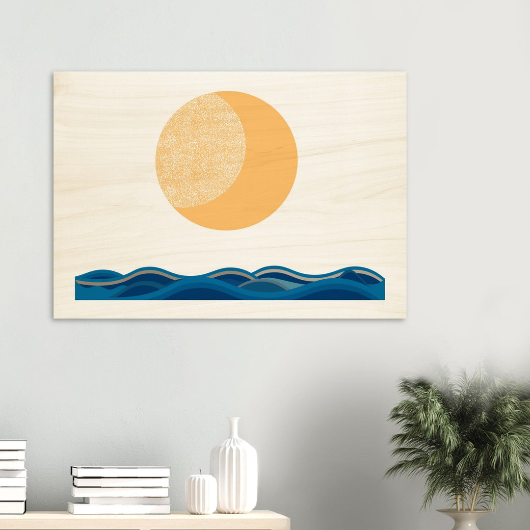 Wandbild auf Holz gedruckt: Meer und Mond als moderne Grafik