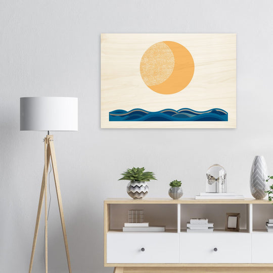 Wandbild auf Holz gedruckt: Minimalistisches Meer mit Mond