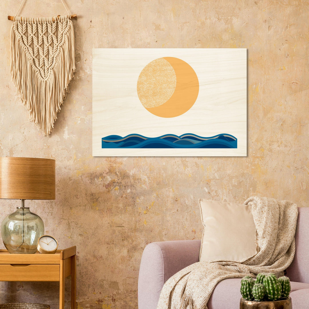 Wandbild als Holzdruck mit modernem Bild eines Monds über dem Meer (Boho, Modern, Grafik)