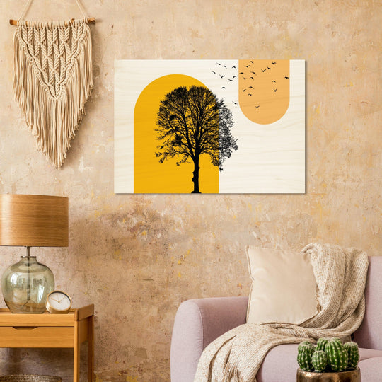 Modernes Wandbild mit Baum im Scherenschnitt und Vögeln auf Holz