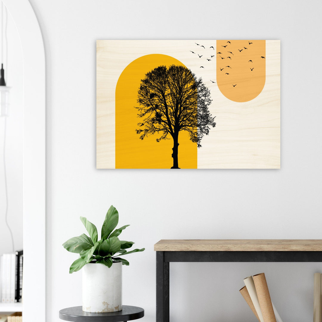 Wandbild im Holzdruck-Verfahren: sonnige Stimmung mit Baum und Vögeln modern